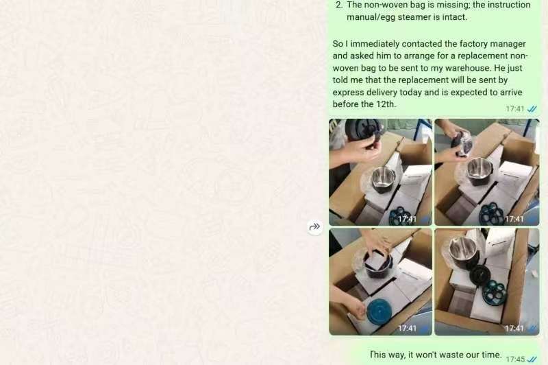 WhatsApp chat with China factory resolving missing packaging accessories